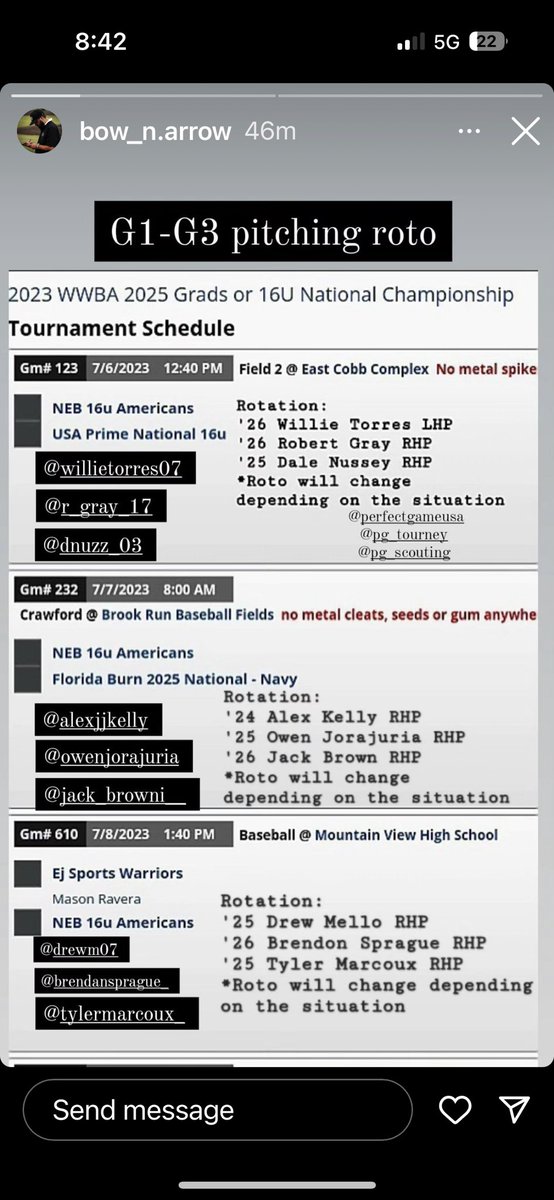 NEB 16U Americans rotation for the first 3 games…