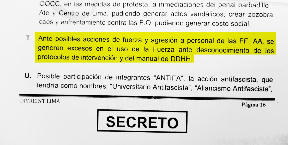 ErnestoCabralM's tweet photo. Incluso la PNP sabía lo peligroso que era que las FF.AA. controlen las protestas:

Apreciación de inteligencia de la Región Policial Lima (17 de enero) proyectaba que FF.AA. podían caer en el uso excesivo de la fuerza ante "desconocimiento" de protocolos de DD.HH. #LaEncerrona https://t.co/x9qfhpcgEF
