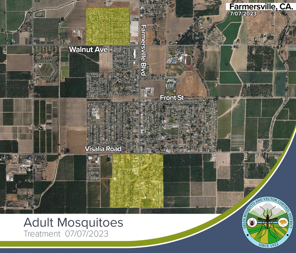 Due to high abundance of mosquitoes, &amp; WNV presence in mosquito samples, Delta Mosquito &amp; Vector Control District will continue treating adult mosquitoes by truck mounted ultra-low volume (ULV) application in Visalia between the hours of 2am and 5am on Friday, July 07, '23.
