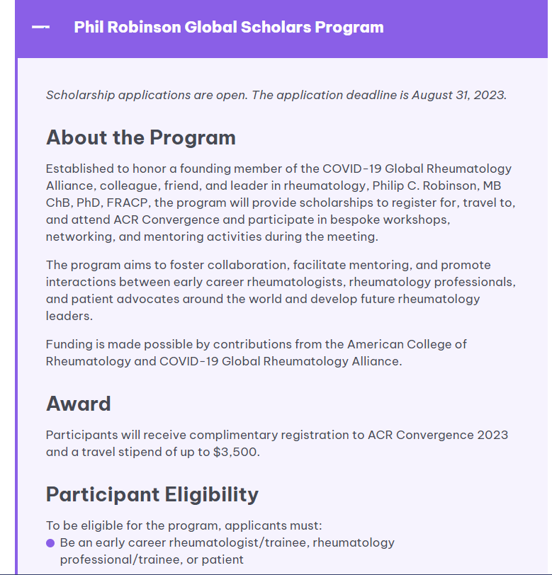 Seeing this in #ACR23 registration 🥹 Having seen him at #ACR22 & hearing all his friends talk about how much Phil loved this meeting, feels the right way to honor him. Please 🔁 and apply @PanlarJ @EMEUNET @APLAR_org @AFLARRheum @ACRheum @rheum_covid surveymonkey.com/r/33YMY2S