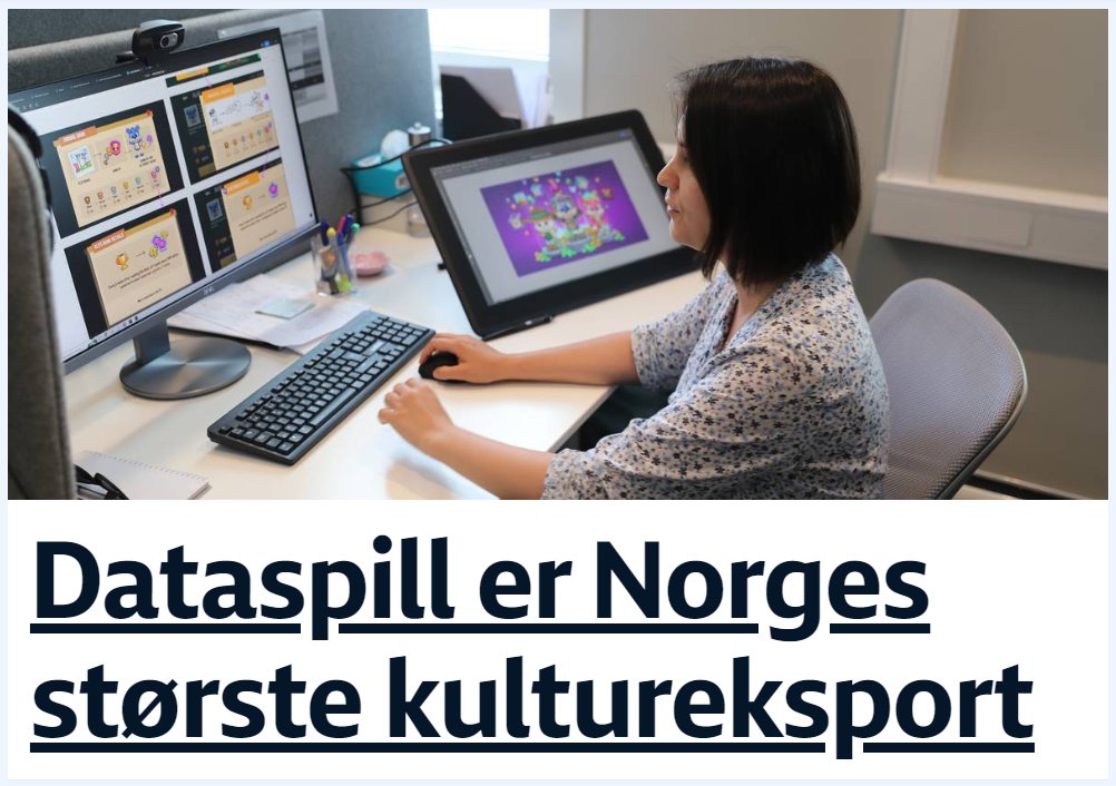 NRK slår opp dette, fire år etter at det var faktum. Problemet er at det ikke er sant for 2021-tallene, for norsk visuell kunst eksporterte for 603 millioner vs 434 for norske spill. (og var forsåvidt ikke det i 2020 heller: da passerte visuell kunst milliarden)