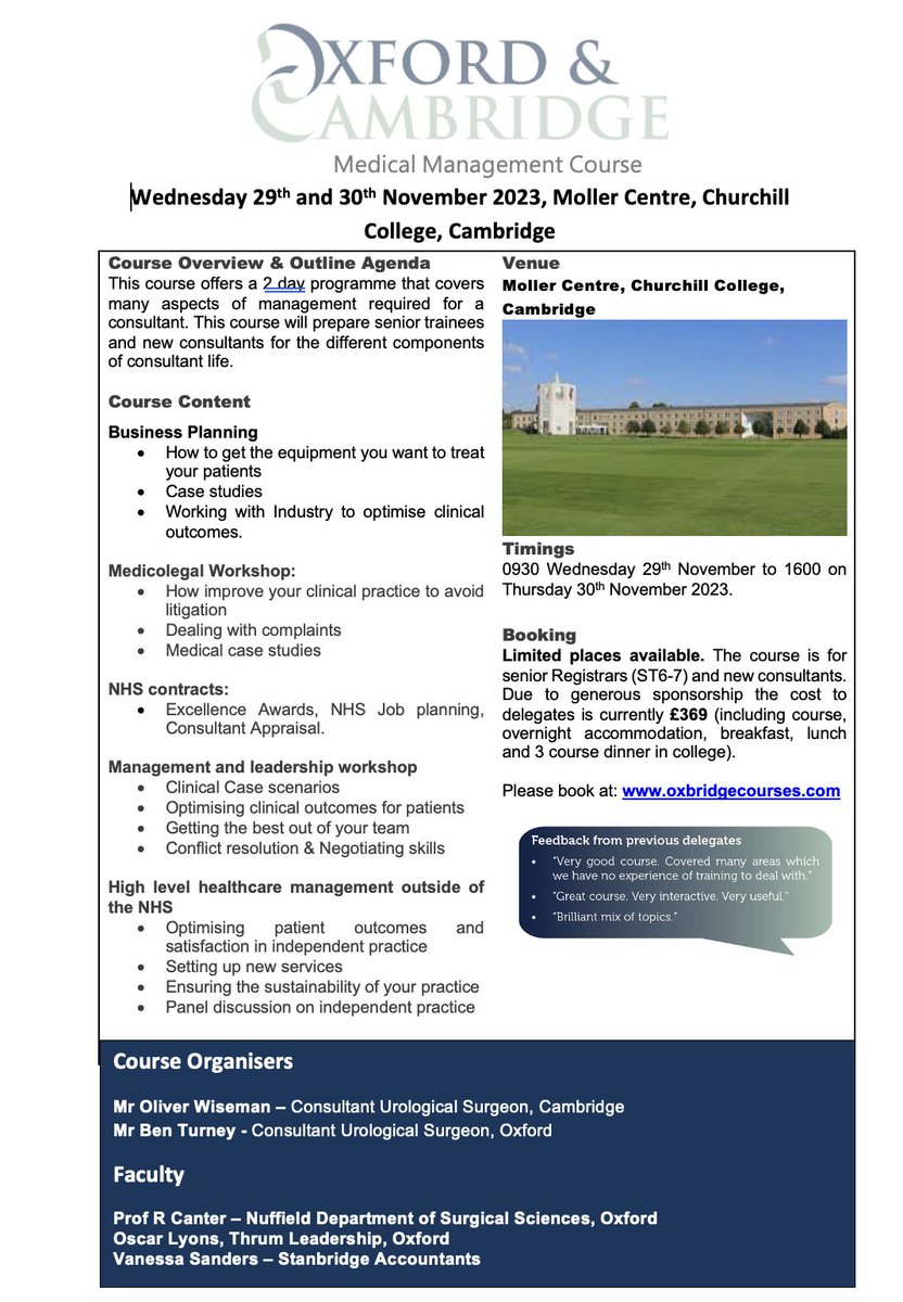 Our next course is running in Cambridge on Wed 29th and Thursday 30th Nov. Book your place now at oxbridgecourses.com. Still only £369 to include 2 days course, all meals and one night accommodation. Join us.