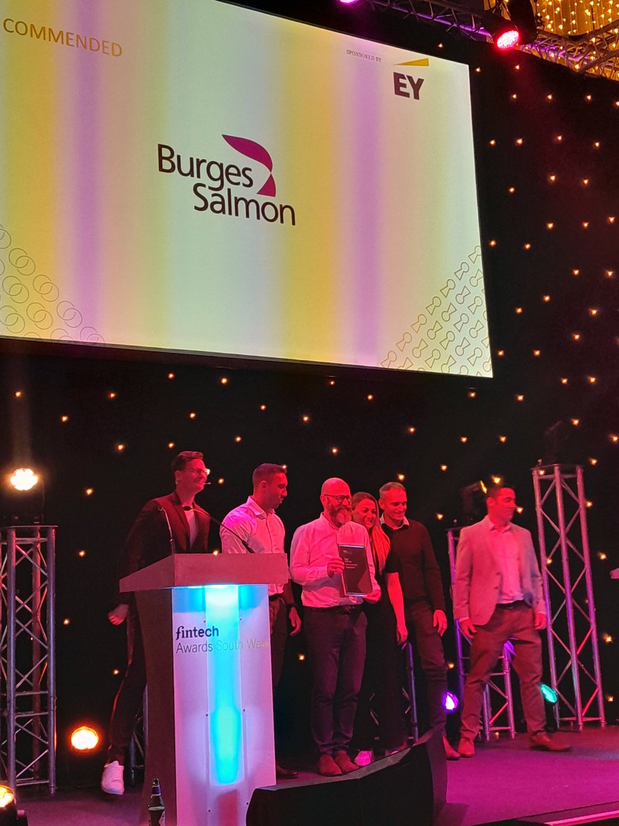 FinAwardsSWest's tweet photo. Highly Commended FinTech Team of the Year goes to @BurgesSalmon #FinTechAwardsSW https://t.co/fUL1crtUVx