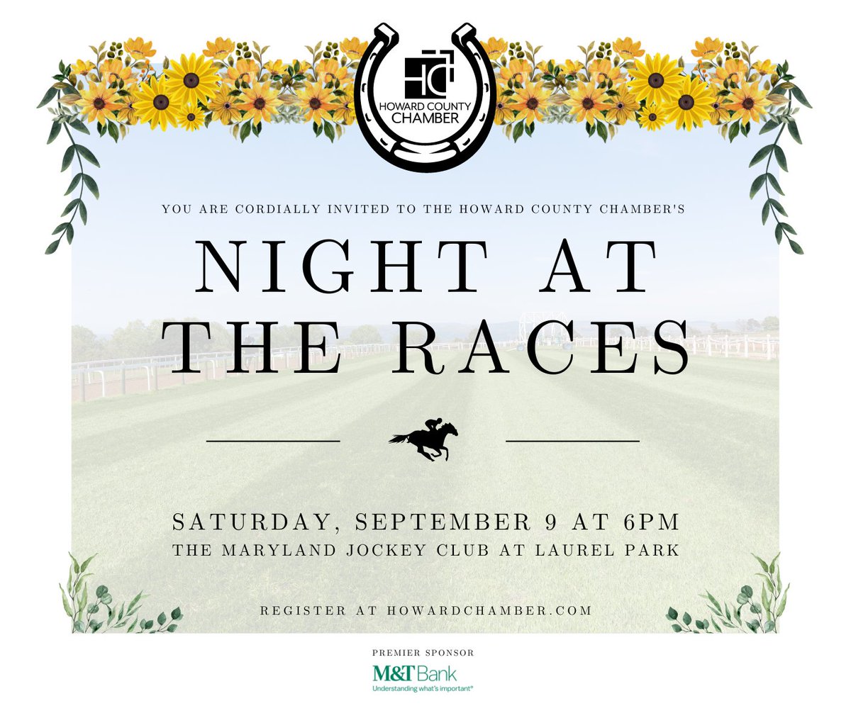 Howard County Chamber of Commerce (@hocochamber) on Twitter photo You are cordially invited to join the #HoCoChamber on Sept. 9 at <a href="/LaurelPark/">The Maryland Jockey Club, Inc.</a> for our annual Signature Event!
This year, the event will be returning to its roots as a formal gala for a "Night at the Races."
Don't wait register - this event WILL sell out: bit.ly/46DivAH You are cordially invited to join the #HoCoChamber on Sept. 9 at <a href="/LaurelPark/">The Maryland Jockey Club, Inc.</a> for our annual Signature Event!
This year, the event will be returning to its roots as a formal gala for a "Night at the Races."
Don't wait register - this event WILL sell out: bit.ly/46DivAH