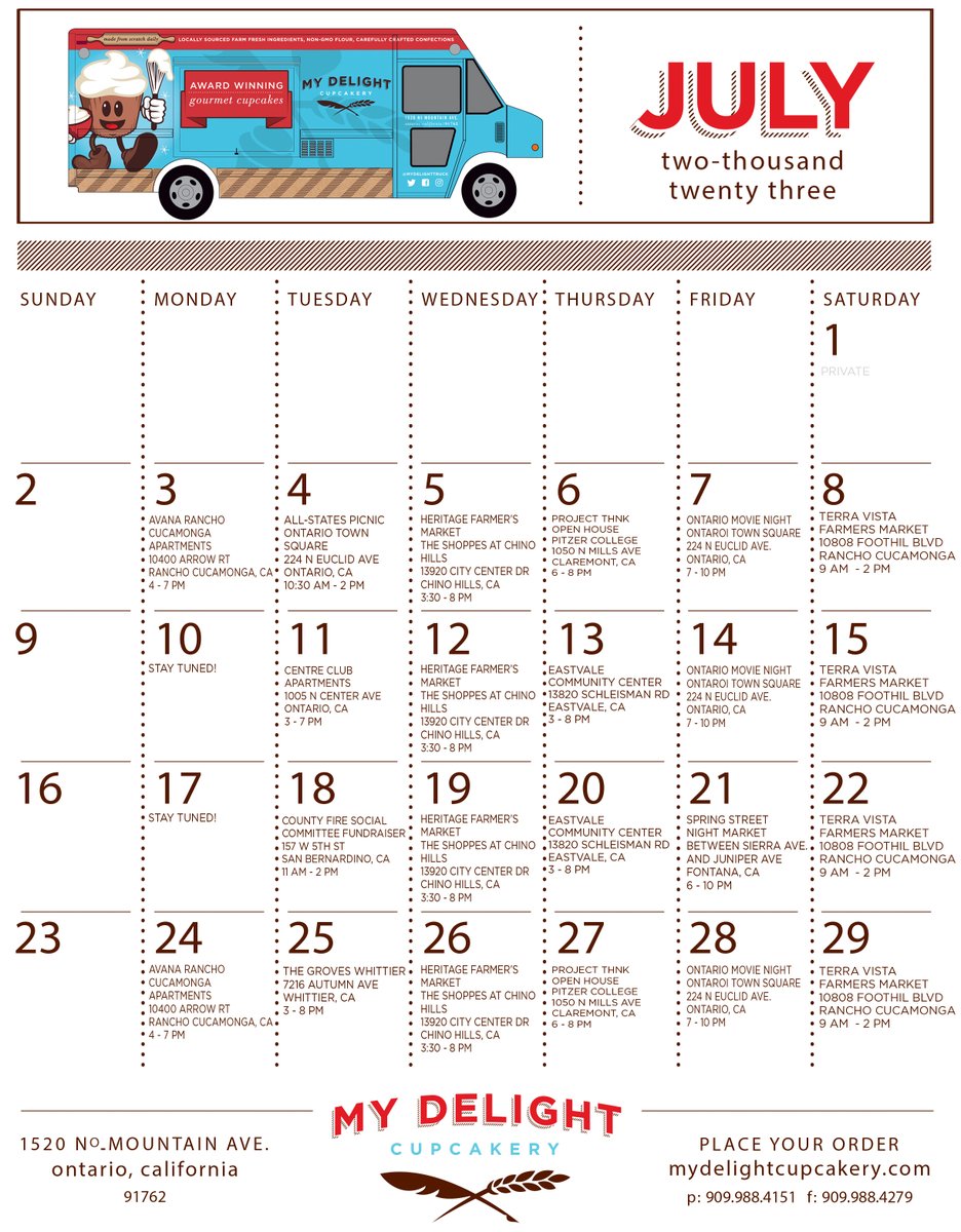 My Delight Truck (@mydelighttruck) on Twitter photo New stop tonight we'll be at the administrative building at Pitzer College for <a href="/ProjectThink/">Project Think</a>'s Family Night. Enter from Claremont Blvd. 6-8pm. 🎉 Here's a look at the rest of July! New stop tonight we'll be at the administrative building at Pitzer College for <a href="/ProjectThink/">Project Think</a>'s Family Night. Enter from Claremont Blvd. 6-8pm. 🎉 Here's a look at the rest of July!