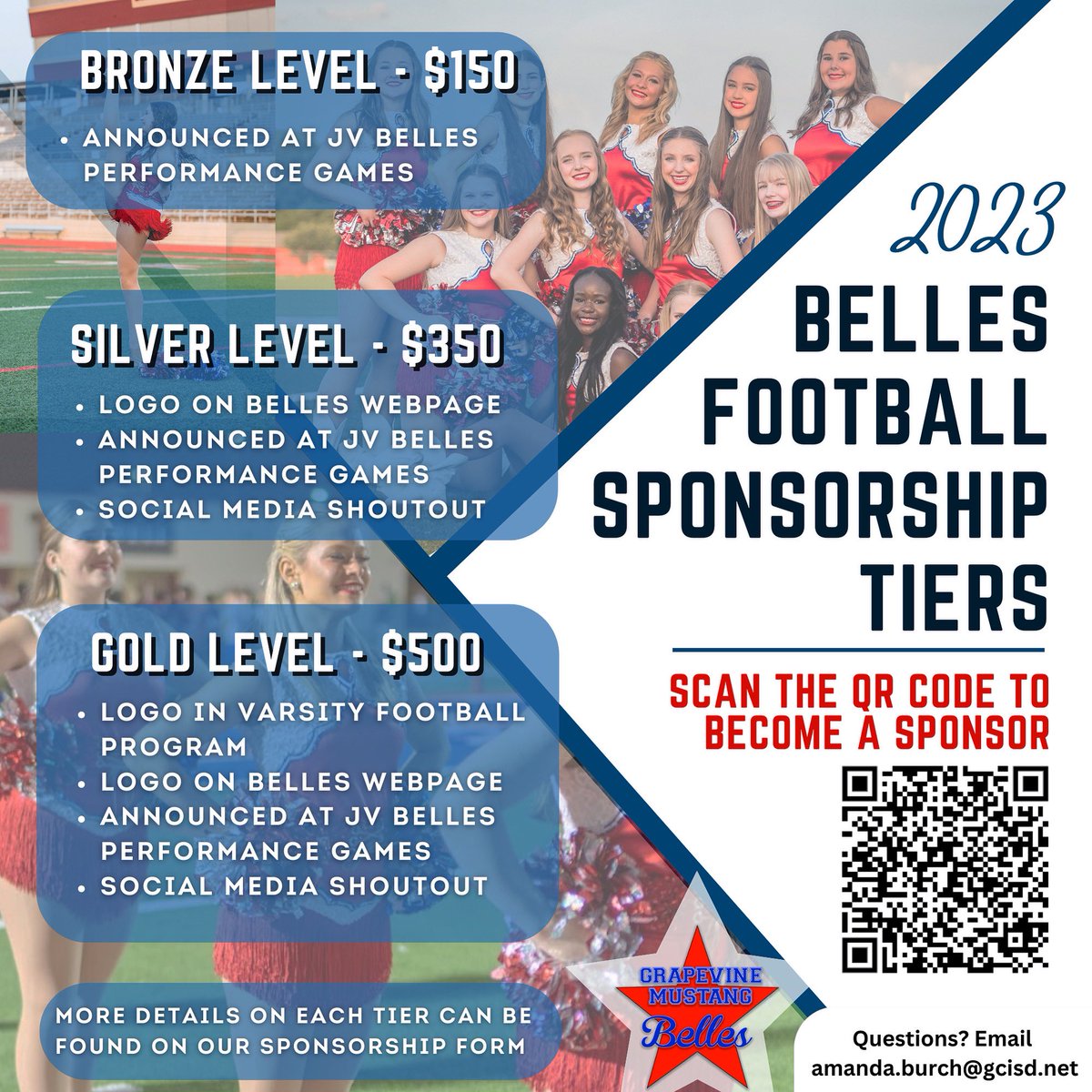 Want to become a Grapevine JV Belles Sponsor? Scan the QR to sign up! Feel free to reach out with questions! Gooooo Mustangs!!!