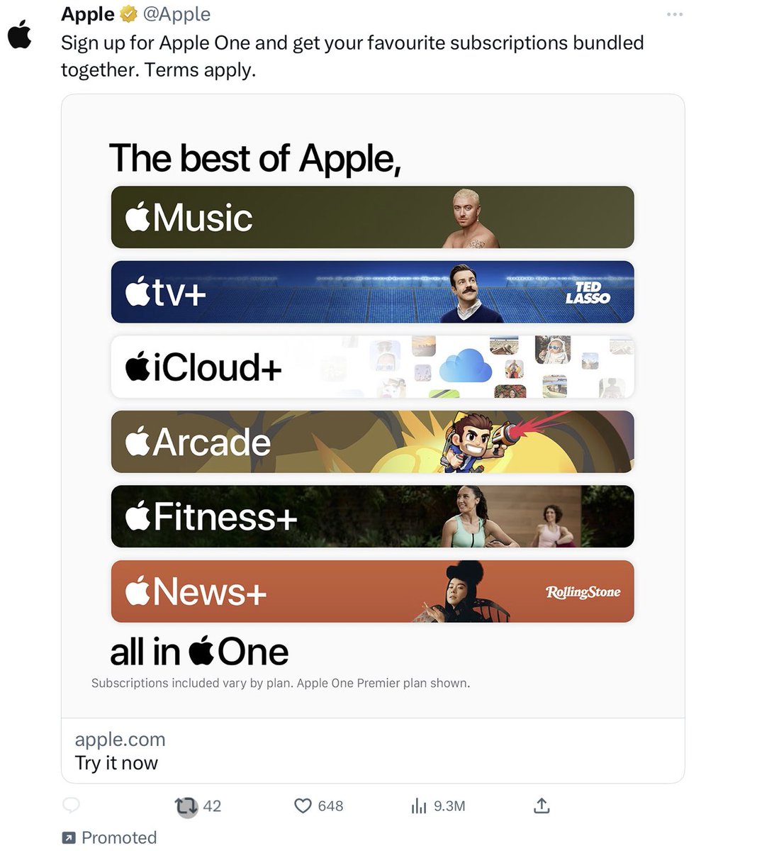 Everything about this ad sucks. The hanging comma, repeating the logo seven times, including a logo inline in a sentence... And then there’s the flawed premise! These services are not the “best” of Apple by a long shot. The best of Apple is iPhones and Macs!