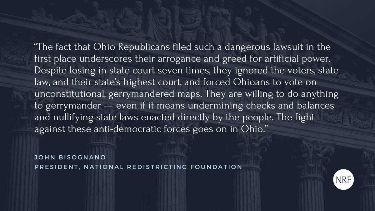 RedistrictFdn's tweet photo. Last Friday, SCOTUS declined to take up Huffman v. Neiman, a Republican appeal arguing a more extreme version of the ISL theory than what was pursued in Moore v. Harper. 

Our full statement on what this means in Ohio’s fight for #FairMaps: https://t.co/B61MR7uQ6H https://t.co/J3xQvePLxr