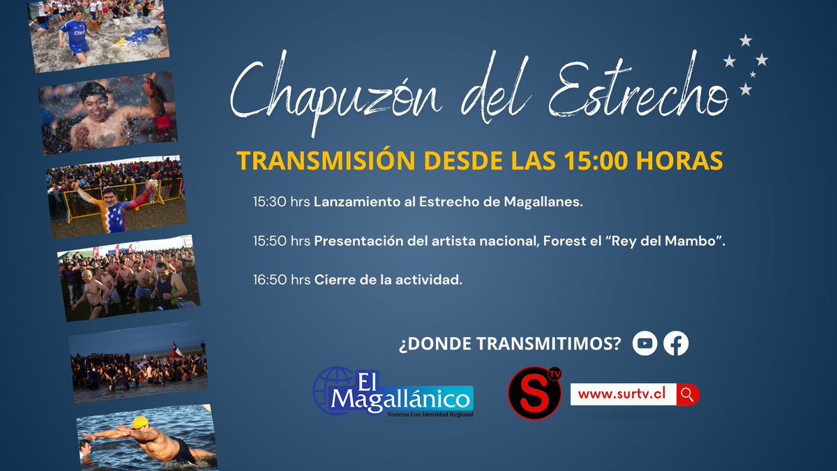 MagallanicoHoy's tweet photo. 🏊Este sábado vive en vivo el #Chapuzón2023❄️ en el Estrexho de #Magallanes
Sigue los pormenores del gran piquero de las #Invernadas de #PuntaArenas ¡Solo para Valientes!💪🏻
LiveStream en @SurTV y El Magallánico a partir de las 15 horas📱
Sorpréndete, Disfruta y Comparte https://t.co/TSr6P2hQYg