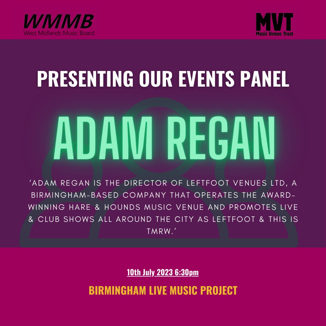 West Midlands Music Board (@wmmusicboard) on Twitter photo PRESENTING YOU OUR EVENTS PANEL -
Adam Regan - The Director of Leftfoot Venues Ltd, which operates the award-winning <a href="/hareandhounds/">Hare & Hounds Birmingham</a> venue. We look forward to hearing about your experience within the industry! PRESENTING YOU OUR EVENTS PANEL -
Adam Regan - The Director of Leftfoot Venues Ltd, which operates the award-winning <a href="/hareandhounds/">Hare & Hounds Birmingham</a> venue. We look forward to hearing about your experience within the industry!