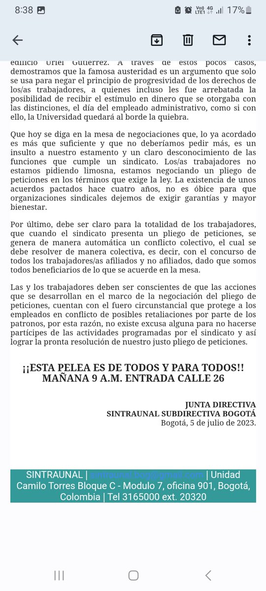 ElMegafonoUN's tweet photo. El sindicato de trabajadores @SintraunalBogot comunica a la opinión pública sobre el inicio del conflicto laboral en la @UNALOficial y en todas sus Sedes!! @un_bogota @sintraunal_paz @SintraunalMedel @SintraunalJDN @SintraunalM @jcarangosa @mariapi2009 https://t.co/rC1MKpHp2n
