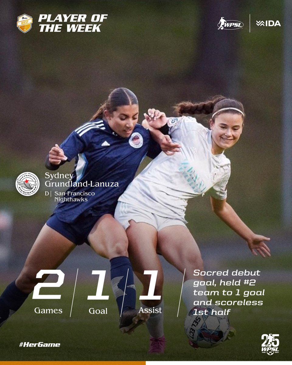 Debut goal + assist and defensive stance to hold reigning @wpsl champions to 1 goal earns Sydney Grundland-Lanuza of the @wearethenighthawks #WPSLWest 𝗣𝗹𝗮𝘆𝗲𝗿 𝗼𝗳 𝘁𝗵𝗲 𝗪𝗲𝗲𝗸 presented by @idasportsco 

#HerGame