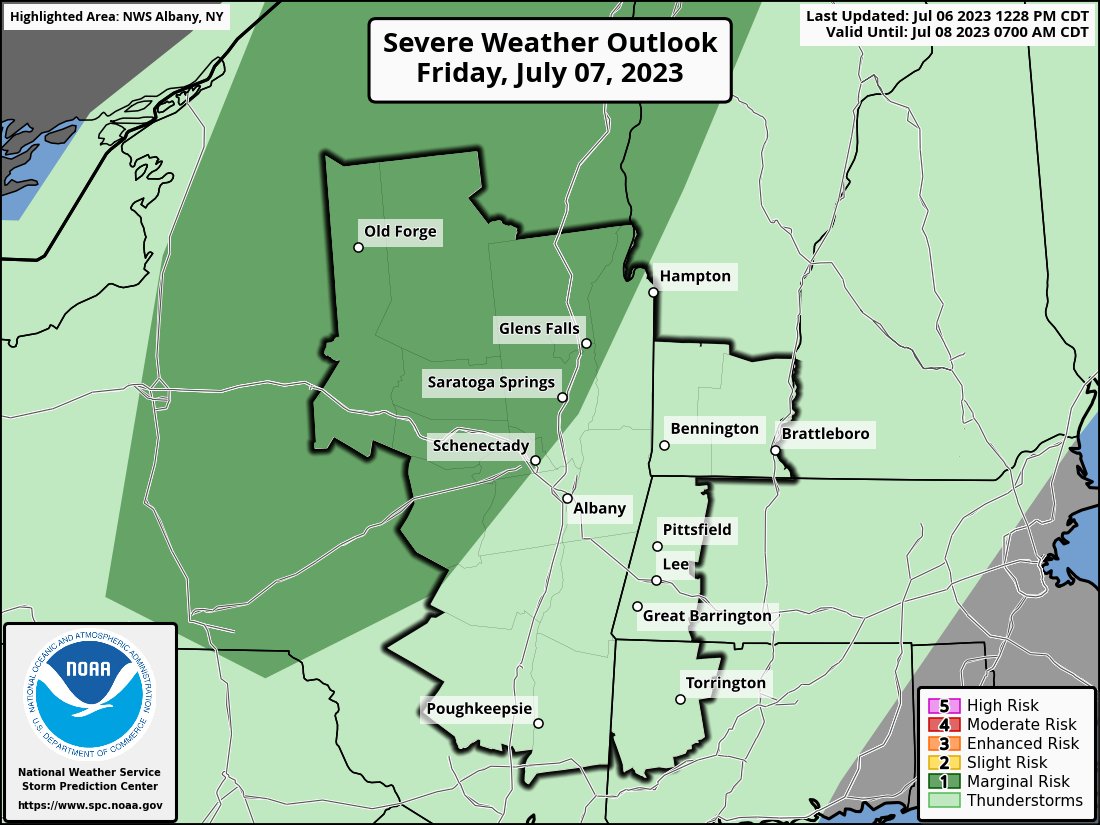 The Storm Prediction Center has issued a "Marginal" Risk for severe t-storms northwest of Albany tomorrow.  Isolated severe t-storms are possible producing damaging winds 58 mph or greater.  Very heavy rainfall is possible with isolated flash flooding.  #nywx #vtwx #mawx #ctwx