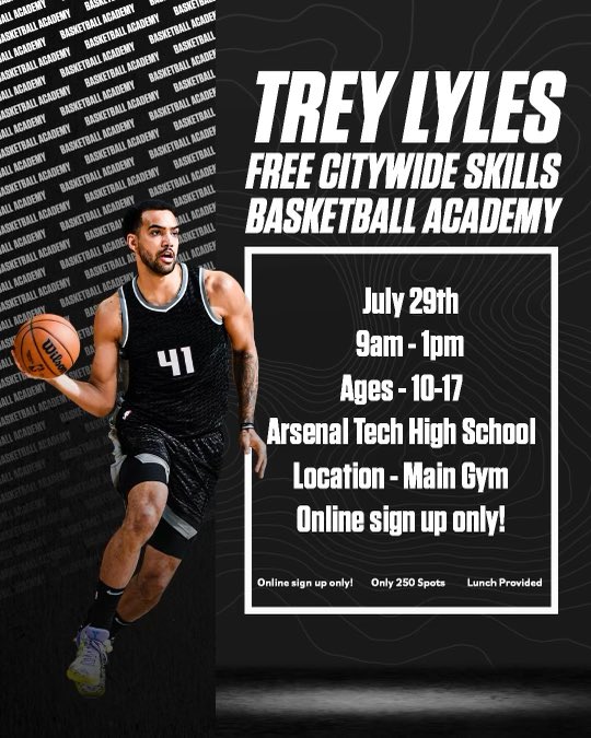 Naptown! Sign up for this years free camp taking place next month July 29th. There are only 250 available spots click the link to sign up! eventbrite.com/e/trey-lyles-s…