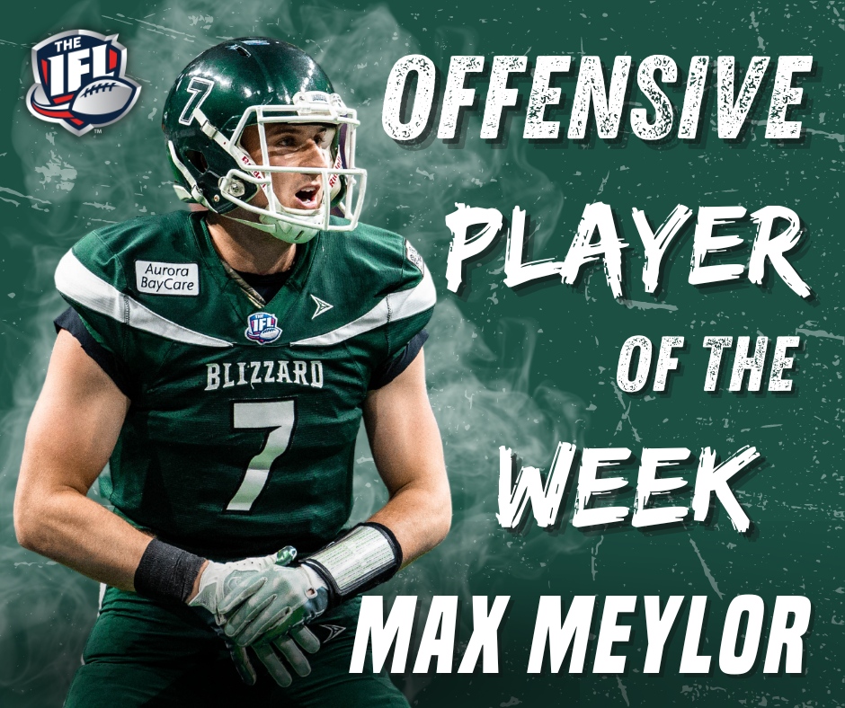 gbblizzard's tweet photo. Congratulations to QB @MaxMeylor on being named the IFL Offensive POTW after his commanding performance last weekend in Green Bay’s comeback victory against the Oilers! 🥶🏈 
••
Meylor went 26/35 and logged 305 all-purpose yards while tossing 4 tds and adding 2 on the ground! https://t.co/Mkc9OBs9zP