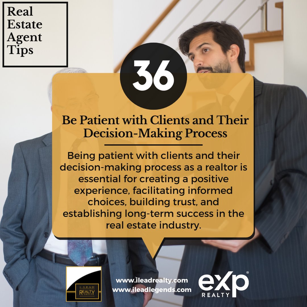 i_leadrealty's tweet image. As a realtor, patience is a virtue in our client's decision-making process. By being patient, we can help clients feel heard, reduce stress, and guide them toward making informed choices that align with their goals.

#realestate #realtors #realestateagenttips