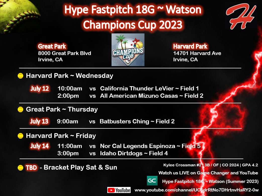 Kylee Crossman 2024 (@kyleecrossman24) on Twitter photo Heading to Champions Cup in Irvine next week. Hope to see you there! Game times shown below. <a href="/CoachAJ10/">Coach AJ Robinson</a> <a href="/stef_ewing/">Stef Ewing</a> <a href="/SSUsoftball/">SSU Softball</a> <a href="/SFState_SB/">SF State Softball</a> <a href="/ChicoStateSB/">Chico State Softball</a> <a href="/angelshamblin/">Angel Shamblin</a> <a href="/cyrena_taylor/">Cyrena Taylor</a> <a href="/Jessup_SFT/">Jessup Softball</a> <a href="/Hype18Gold/">Hype Fastpitch 18 Gold</a> Heading to Champions Cup in Irvine next week. Hope to see you there! Game times shown below. <a href="/CoachAJ10/">Coach AJ Robinson</a> <a href="/stef_ewing/">Stef Ewing</a> <a href="/SSUsoftball/">SSU Softball</a> <a href="/SFState_SB/">SF State Softball</a> <a href="/ChicoStateSB/">Chico State Softball</a> <a href="/angelshamblin/">Angel Shamblin</a> <a href="/cyrena_taylor/">Cyrena Taylor</a> <a href="/Jessup_SFT/">Jessup Softball</a> <a href="/Hype18Gold/">Hype Fastpitch 18 Gold</a>