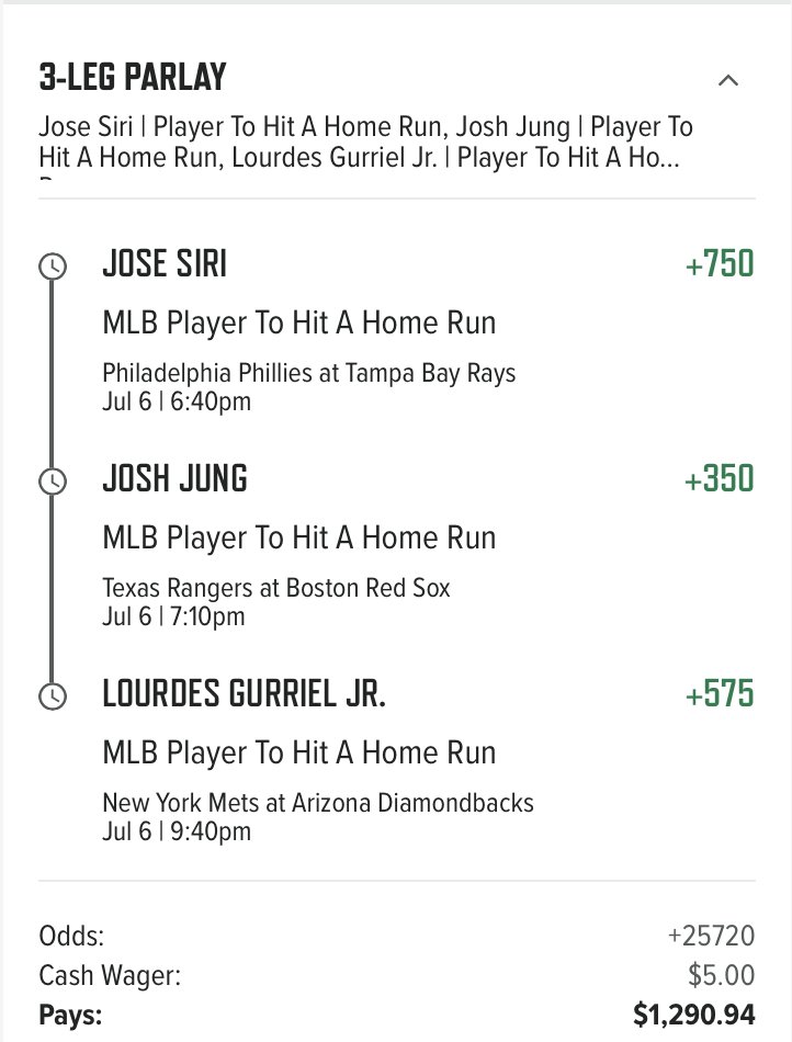 sloprules's tweet photo. Great news! I was looking at the dinger parlay from earlier and it hit me that there is an alternative universe parlay that could be made using those games. In that universe, we get even more walking around money. Feels right.

RT and I'll give $100 to one of you if it hits. https://t.co/er5QUMSH3O