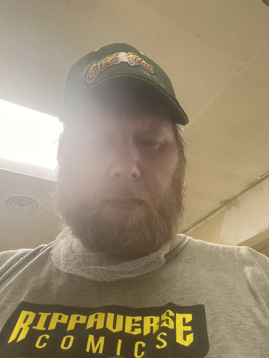 jeffraw15's tweet photo. @EthanVanSciver @EricDJuly @TheRippaverse representing Cyberfrog with that hat and representing rippaverse with the shirt at my work today, the thing around my neck is a beard net #cyberfrog #rippaverse #beardnet https://t.co/HbIfzrs6bf