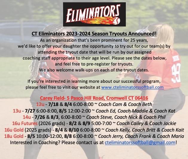 2023-2024 Tryouts Announced!

As our younger teams end the completion of their seasons, we're looking forward to hosting tryouts for the 2023-2024 season! Please see dates below

Questions? Email us at cteliminatorssoftball@gmail.com

docs.google.com/forms/d/e/1FAI…
