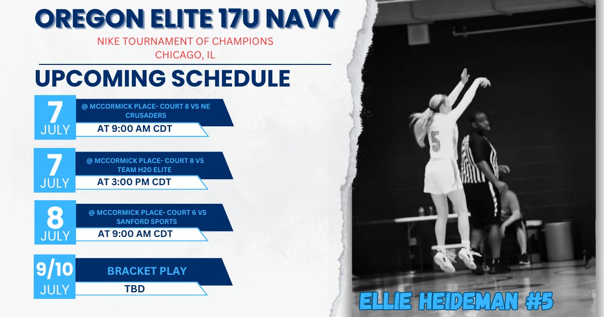 Excited to play in Chicago at the Nike tournament of champions in the champions league with Oregon Elite Navy! Here is my schedule of that upcoming tournament <a href="/OregonEliteBbx/">Oregon Elite</a> <a href="/niketoc/">Nike Tournament of Champions</a>