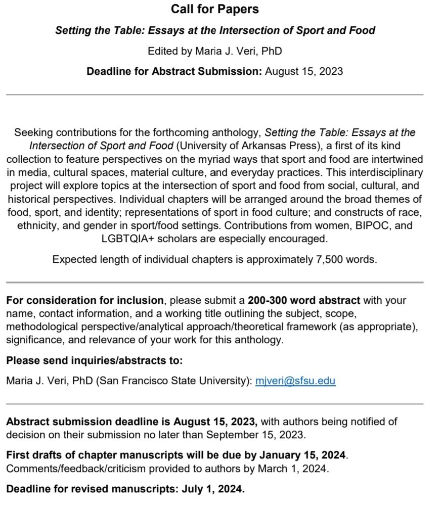 🌶 CFP Alert 🌶
I'm editing an anthology on sport & food & warmly welcome abstracts for chapter proposals. Please share widely with any interested colleagues. RTs appreciated! 

#sportstudies
#foodstudies