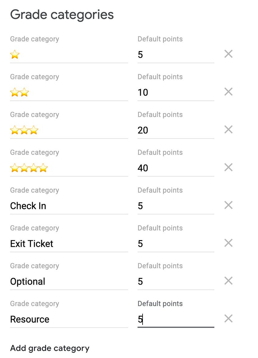 Setting up my grade categories in Google Classroom. I use star emojis to indicate the challenge level of the activity. 

#googleclassroom 
#googleEDU #gamification #BackToClassroom