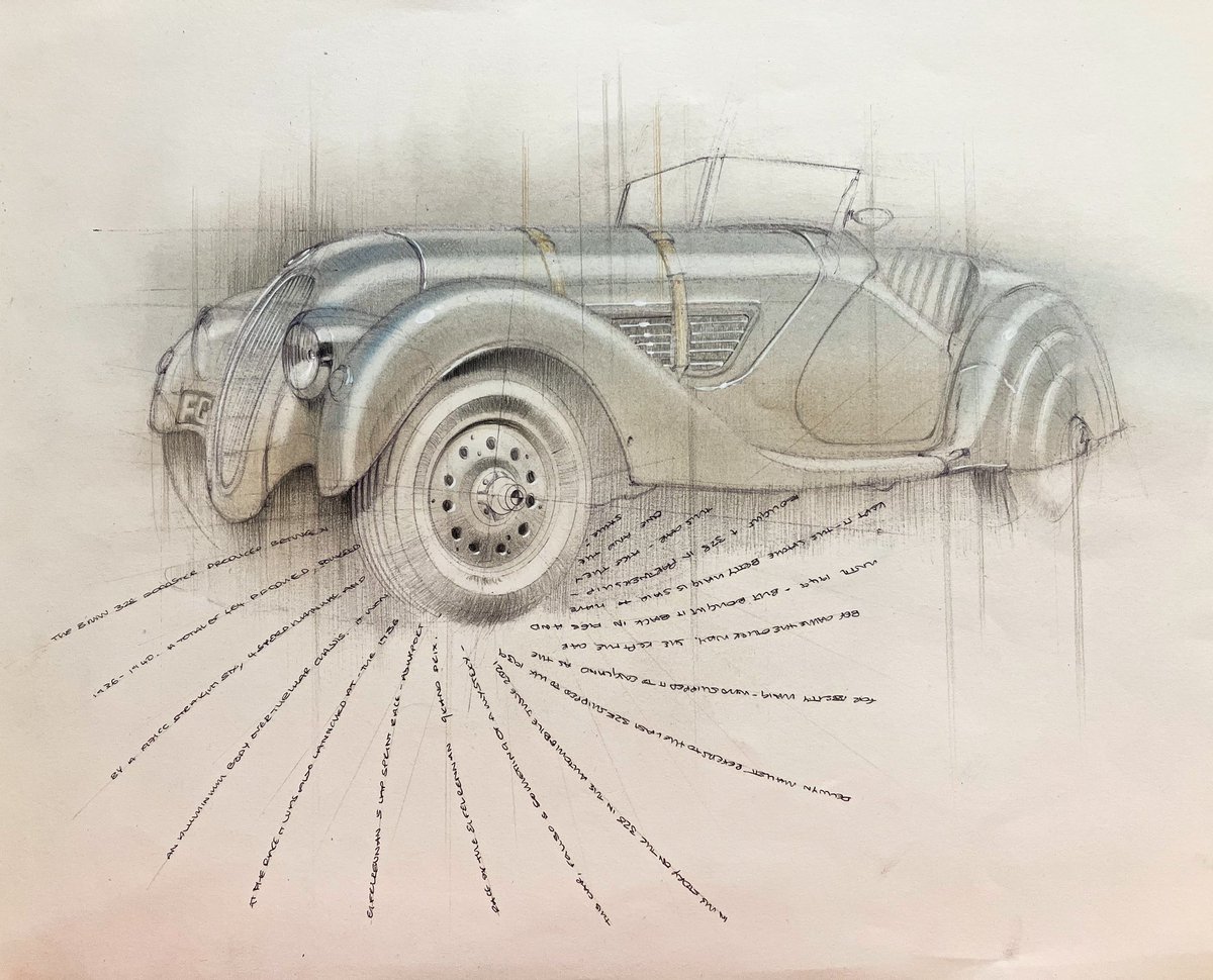 BMW 328 with pastel colour applied and details. #bmw #bmw328 #classiccars #classicbmw #roadster #bavaria #drawing #sketchbook #sketch #sketching #drawing #cardesign #cardesigncommunity #blessings #scribblingvicar