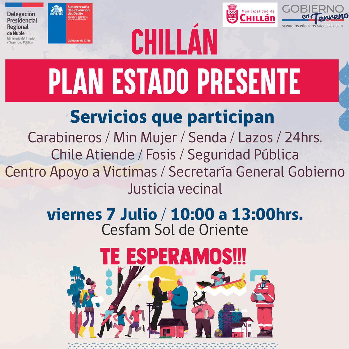 Este viernes los servicios estarán más cerca de ti a través de <a href="/Gobenterreno/">Gobierno en Terreno</a>, el cual se desarrollará en el marco del Calles sin Violencia. 

Desde las 10:00 horas, te esperamos en el Cesfam Sol de Oriente de Chillán, donde resolveremos todas tus dudas e inquietudes. 

<a href="/Gapraden/">Gabriel Pradenas Sandoval</a>