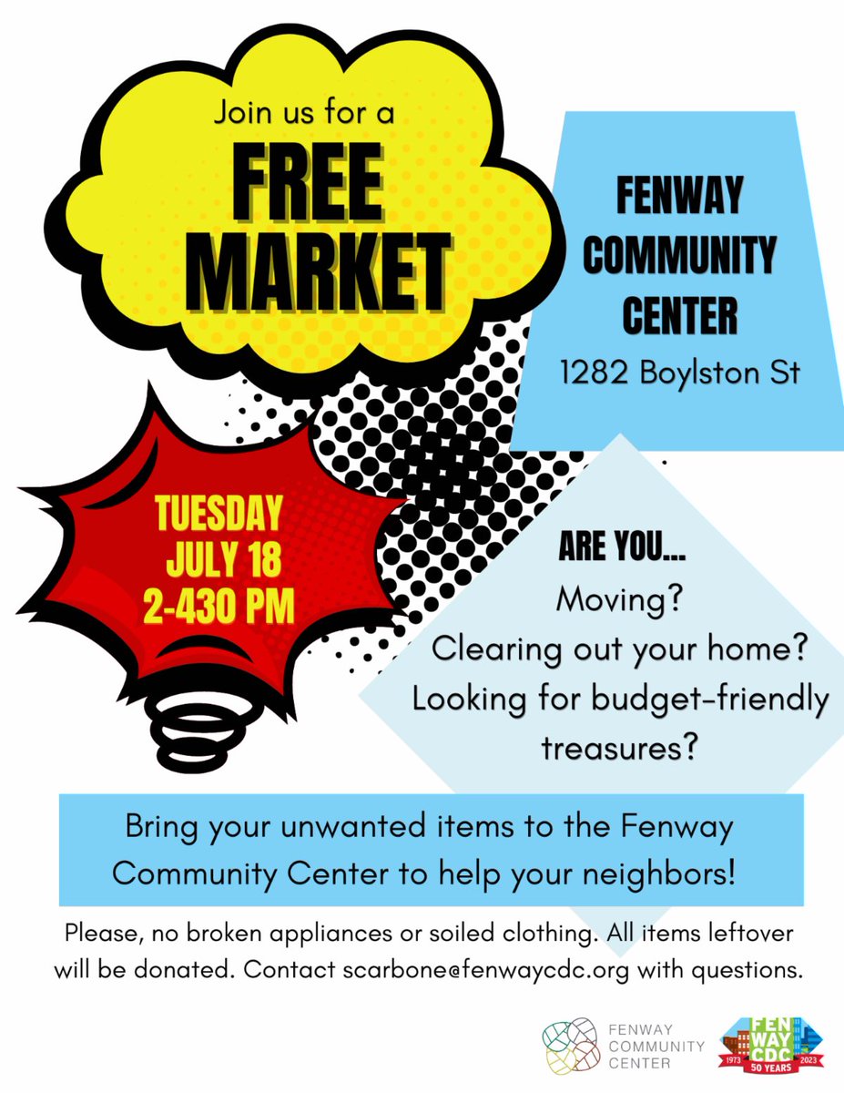 MatthewBroude's tweet photo. very cool idea co-hosted by @FenwayCDC!

bring unwanted stuff, take stuff you need. all free. 

Free Market
Tuesday July 18, 2023
2:00pm - 4:30pm
Fenway Community Center
1282 Boylston Street, Boston, MA 02215 https://t.co/zqPpTa5ZdG