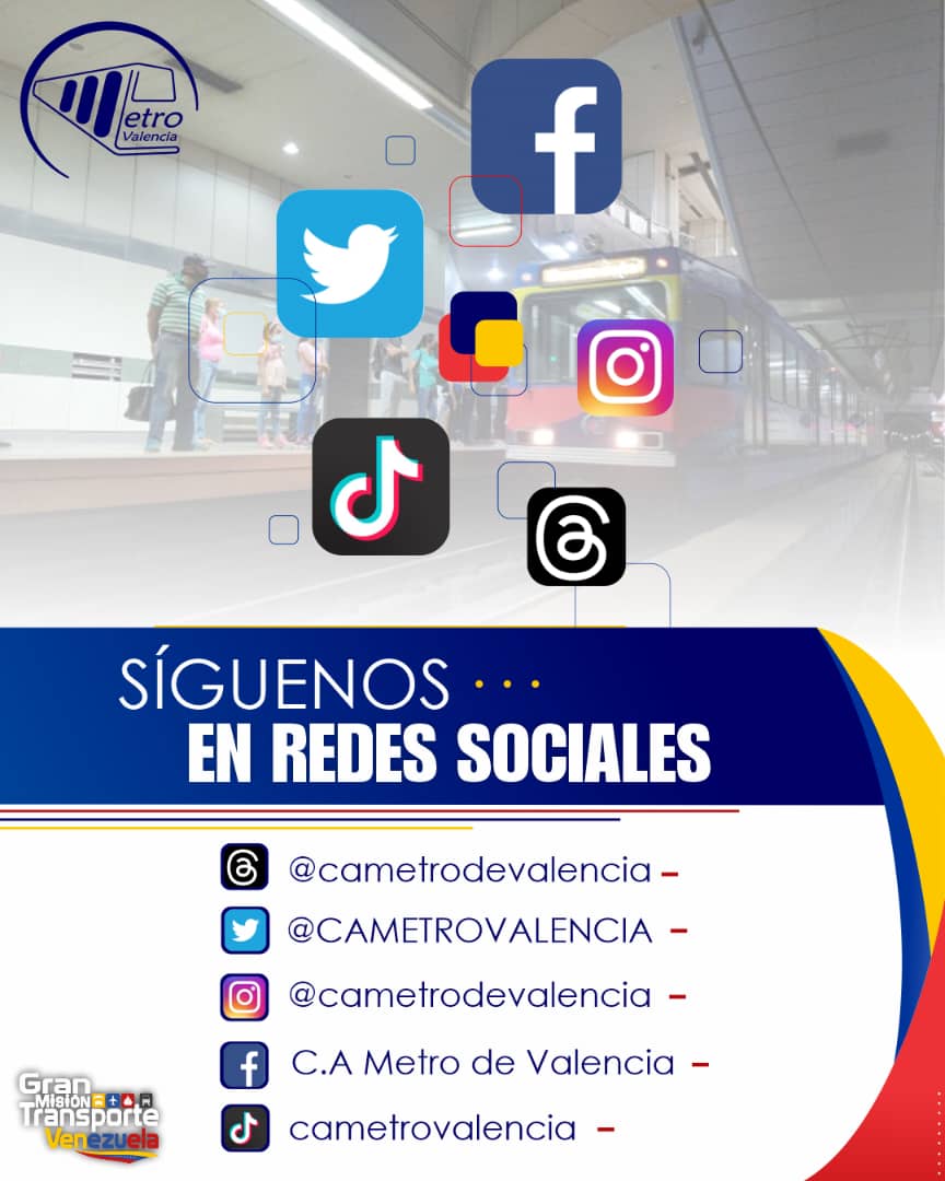#MetroContigo🇻🇪|| En #MetroDeValencia te recordamos que puedes seguirnos en nuestras diferentes plataformas digitales y te invitamos a seguir todo el contenido del subterráneo valenciano en #Threads 👇🏼📱 @cametrodevalencia ¡Conéctate!#IndependenciaONada