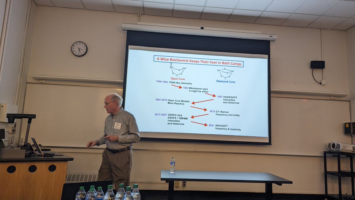 We had John Lipscomb tell us a remarkable scientific story of figuring out the structure of reactive intermediate Q in MMOs. After 40 years of doing that, he claims he still doesn't know. But, as a wise biochemist he likes to keep his feet in both camps. #LQfest