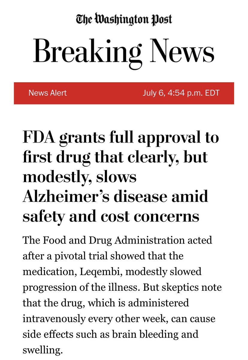 EricTopol's tweet photo. Modest impact.
Side effects of brain swelling and bleeding. 
Yet full approval ⁦@US_FDA⁩ and Medicare coverage ?? https://t.co/hSautjTEzu