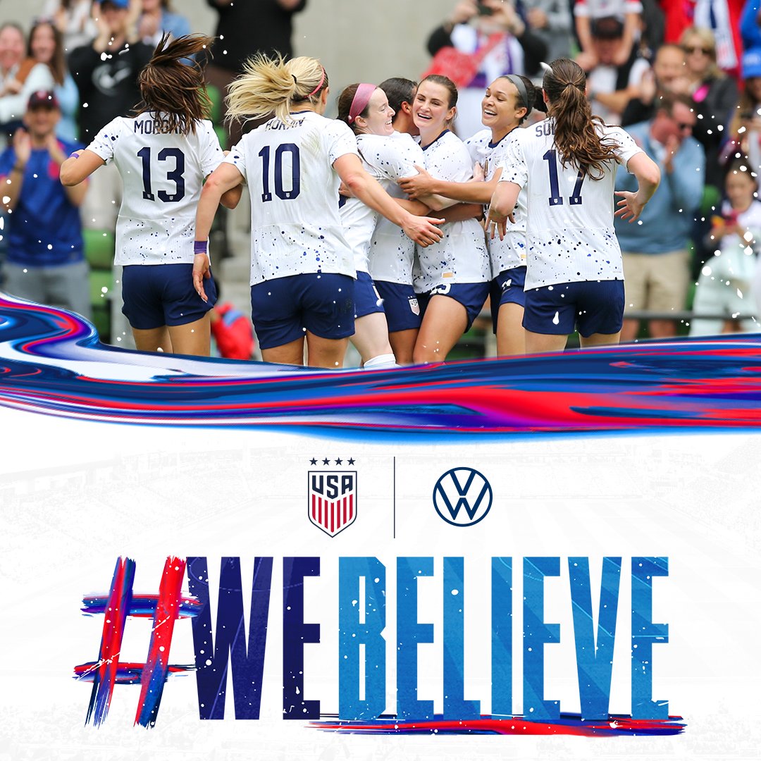 USWNT's tweet photo. Ready to cheer on the #USWNT this summer?

Show your support by sending us your selfie shoutouts, words of encouragement or a pic of your best game day fit using #WeBelieve

#USWNT x @VW https://t.co/U72OLeLERz