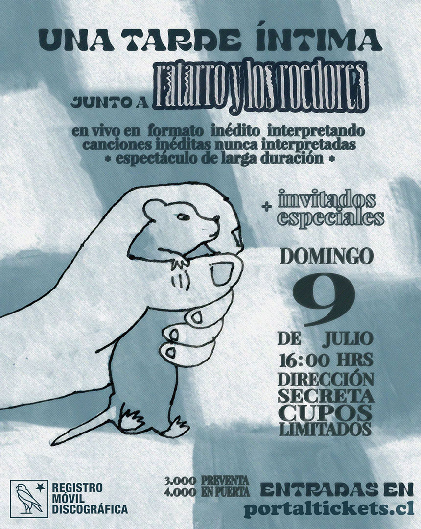 🔴 Ratarro y los roedores realizará una propuesta escénica con reversiones de su discografía.

📅 El evento será a las 16:00 hrs, cerca de metro Estadio Nacional.

🎟 La preventa es de $3000 (CLP) y en puerta $4000 (CLP).

📻 Escucha el álbum completo acá: shorturl.at/aDM13