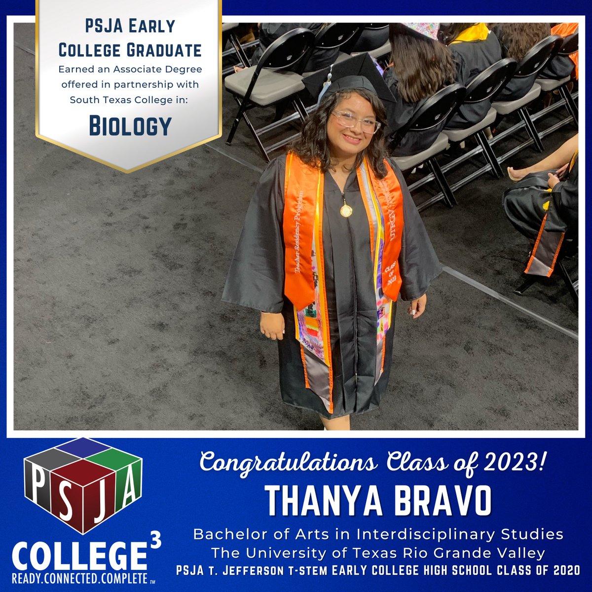 Congratulations to Thanya Bravo, PSJA T. Jefferson T-Stem ECHS Class of 2020 alum, for earning a Bachelor of Arts in Interdisciplinary Studies from UTRGV - The University of Texas Rio Grande Valley!

Way to go!

#PSJAProud