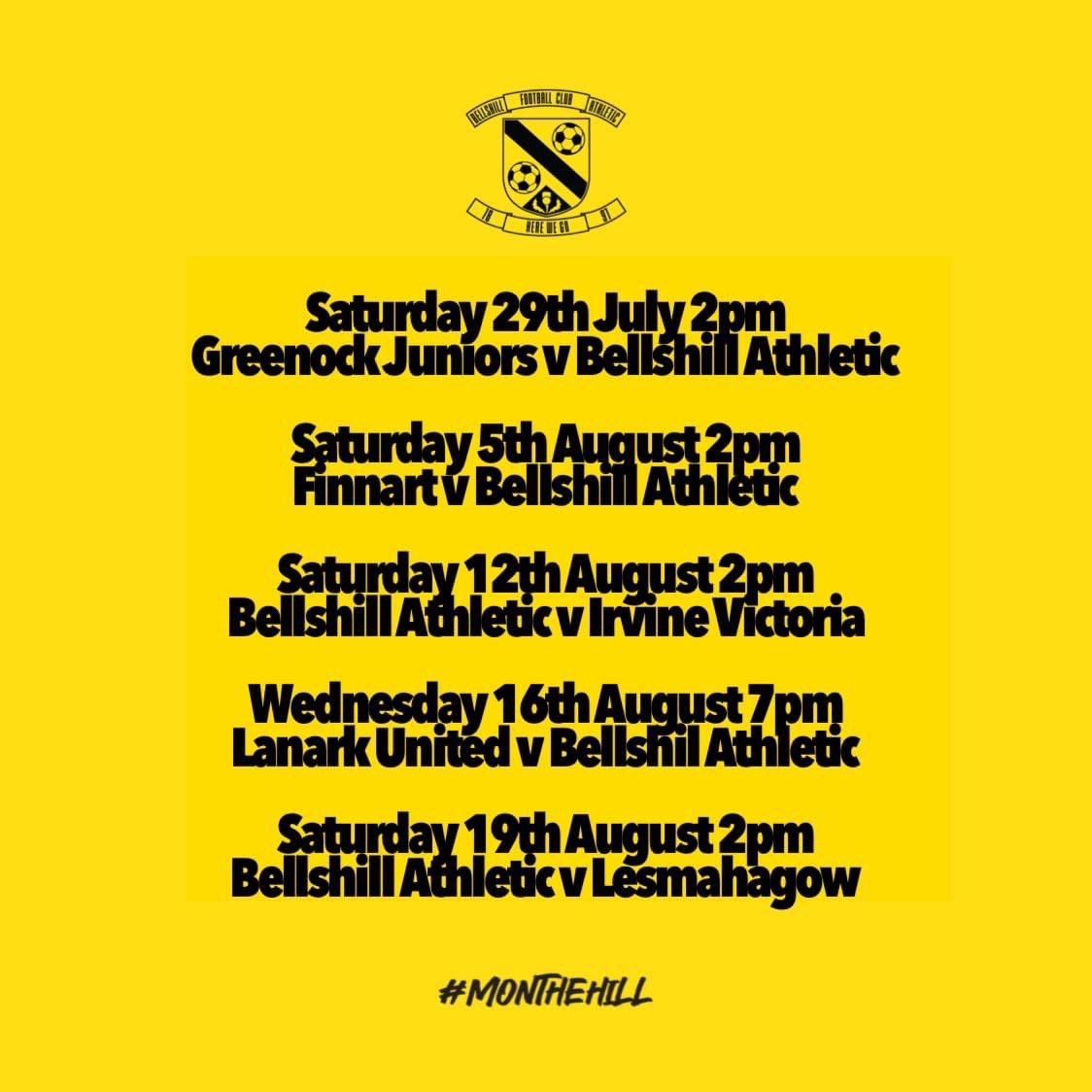 BellshillA1897's tweet photo. Fixture Amendment!

Our home game against Lesmahagow has been moved from Wednesday the 2nd of August to Saturday the 19th of August.

#MonTheHill https://t.co/ADnjSCkA1a