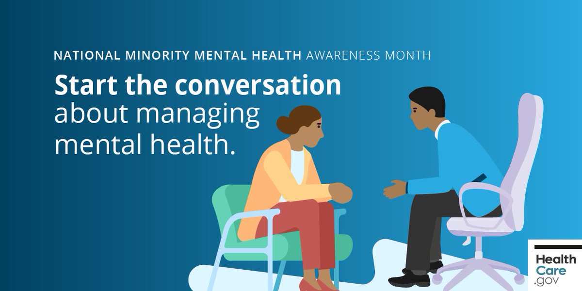 HealthCareGov's tweet photo. July is #MinorityMentalHealth Month. This a reminder to take special care of your mental &amp; emotional well-being this month &amp; beyond. Your plan covers essential benefits, including mental health services, to ensure you can get care for both mind &amp; body. https://t.co/OkkBRq8msp https://t.co/dz6XznHZfj