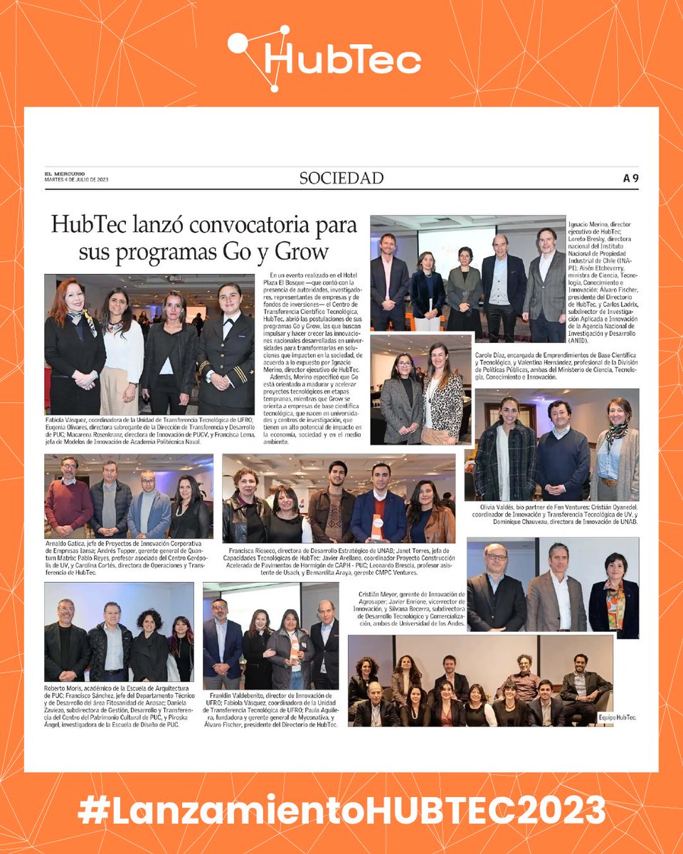 🟠 Destacamos la publicación en la sección Sociedad del diario El Mercurio sobre nuestro #LanzamientoHUBTEC2023 y el inicio de la convocatoria para los programas GO! y GROW, los cuales buscan impulsar y hacer crecer las innovaciones nacionales desarrolladas en universidades.