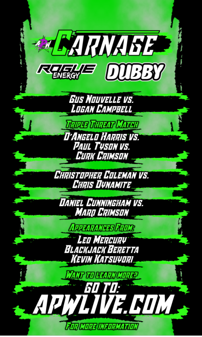 APW_Live's tweet photo. 🟢APW Carnage Episode 5🟢
The last chance for Superstars to get their final statement in before the clock runs out for APW Zero Hour!
APW Carnage Streams live at 6pm CST tonight!
#APWZeroHour #EFED #WWE2k23 https://t.co/Is1hsvKgnd