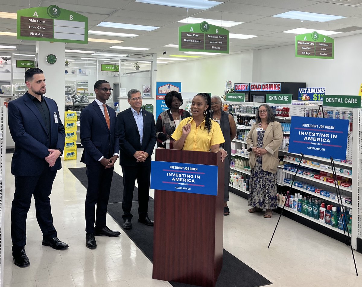 RepShontelBrown's tweet photo. .@POTUS’ Inflation Reduction Act is lowering health care costs for Ohioans.

Proud to join @SecBecerra, @MayorBibb &amp; local senior advocates at Broadway Pharmacy in #CLE to discuss how the #IRA is delivering for #OH11: including a $35/month cap on Medicare-covered insulin costs. https://t.co/5dxrg6XmRb