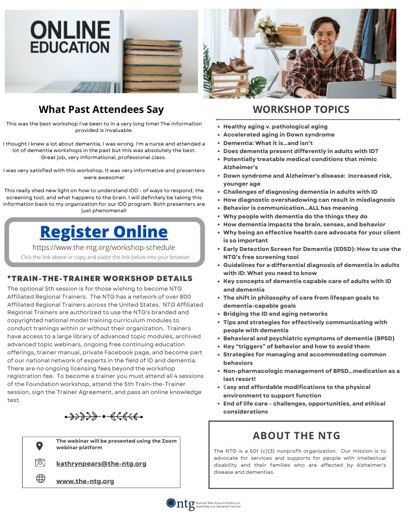 IdDementia's tweet photo. ONLINE WORKSHOP on aging, IDD and dementia. Sessions recorded for those unable to attend live hours.  Certificate of attendance for 12 contact hours. FMI:  https://t.co/QmPTpB9MhF. https://t.co/TfPuS31rQF