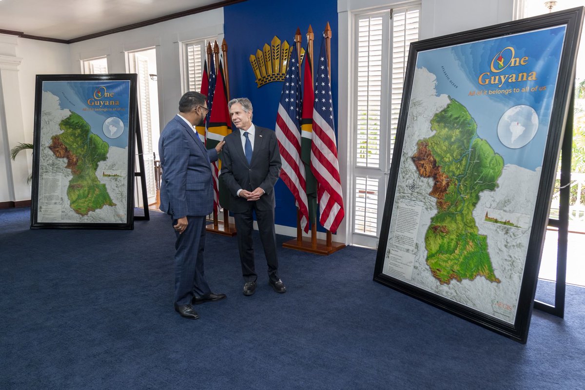 SecBlinken's tweet photo. Glad to meet with Guyana's President Irfaan Ali and Foreign Minister Todd to discuss many vital areas of cooperation. I commended their work to improve the lives of CARICOM citizens through its food security agenda and the U.S.-Caribbean Partnership to Address the Climate Crisis. https://t.co/ycG3jG1xTo