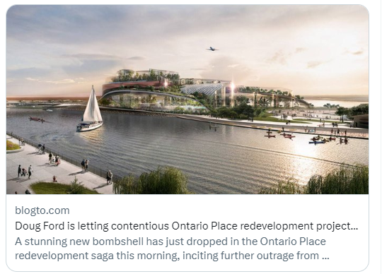 'Stunning new bombshell just dropped in the #OntarioPlace redevelopment saga…Currently, the Environmental Assessment Act only applies to provincial ministries/agencies, municipalities & public bodies (e.g. Metrolinx), leaving Therme & Live Nation immune.' #onpoli @s_guilbeault