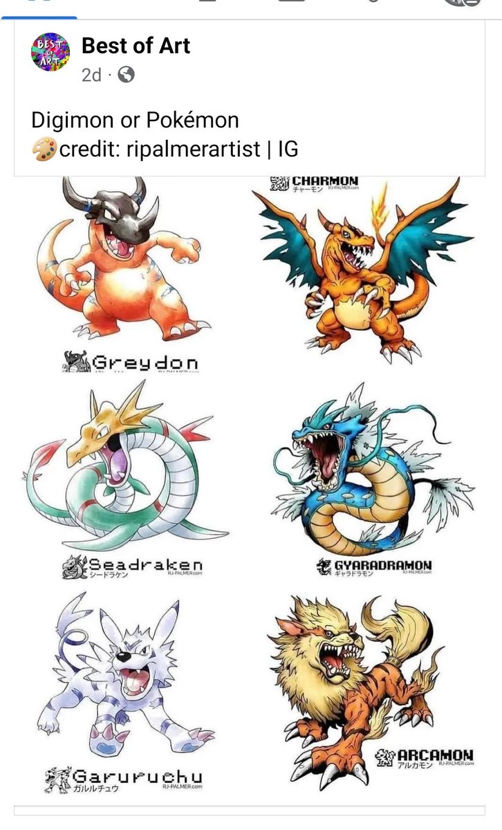 alteredcontent's tweet image. Screenshot from Facebook. Cool #styleswap!! Pokemon in the art style of Digimon; Digimon in the art style of Pokemon. Credit to rjpalmerartist on IG (acc to screenshot)
#Pokemon #Digimon