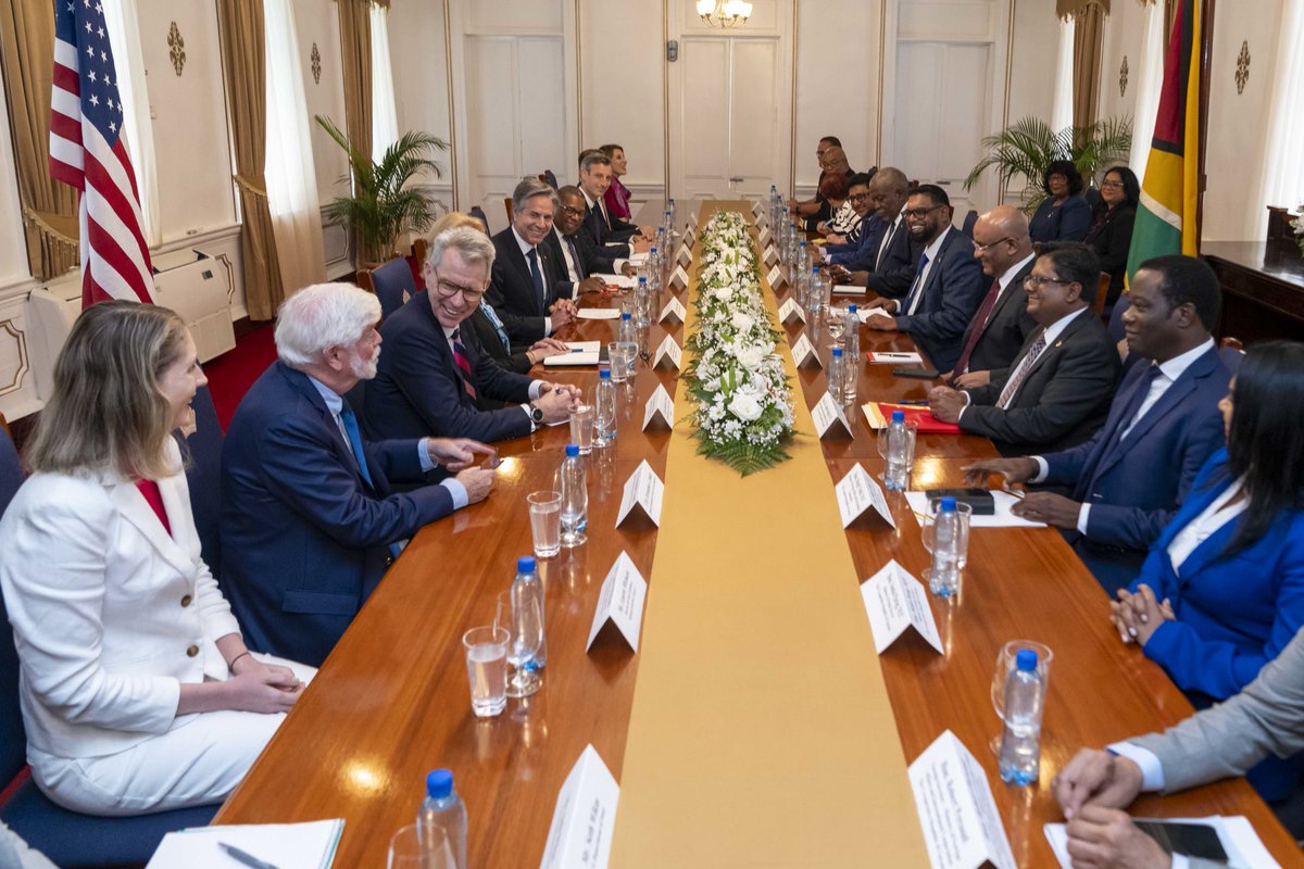 SecBlinken's tweet photo. Glad to meet with Guyana's President Irfaan Ali and Foreign Minister Todd to discuss many vital areas of cooperation. I commended their work to improve the lives of CARICOM citizens through its food security agenda and the U.S.-Caribbean Partnership to Address the Climate Crisis. https://t.co/ycG3jG1xTo