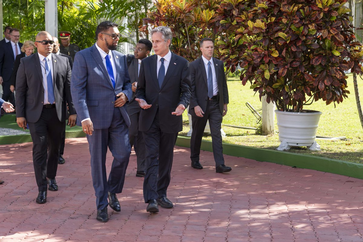 SecBlinken's tweet photo. Glad to meet with Guyana's President Irfaan Ali and Foreign Minister Todd to discuss many vital areas of cooperation. I commended their work to improve the lives of CARICOM citizens through its food security agenda and the U.S.-Caribbean Partnership to Address the Climate Crisis. https://t.co/ycG3jG1xTo