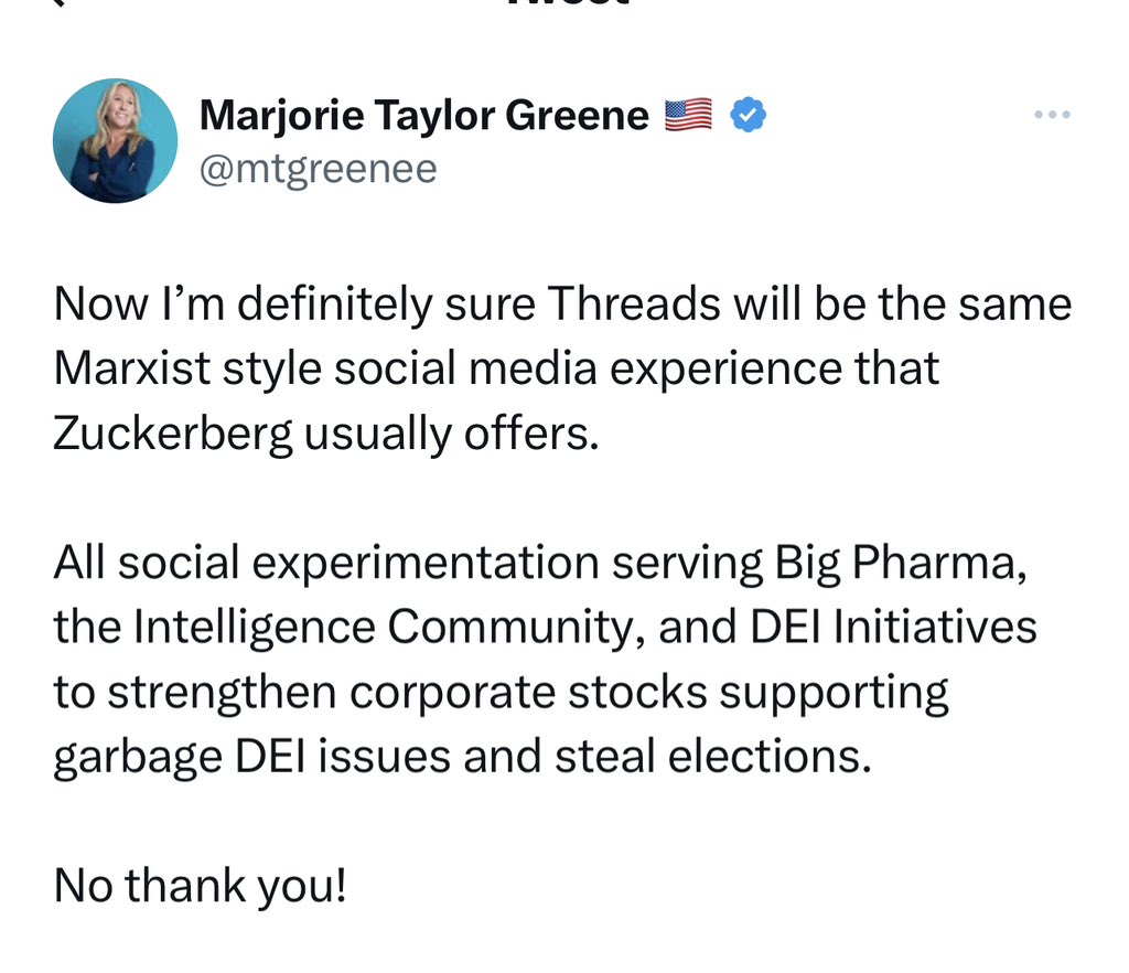 KFILE's tweet photo. Marjorie Taylor Greene apparently won’t be joining Threads. https://t.co/0pofxH6D2e