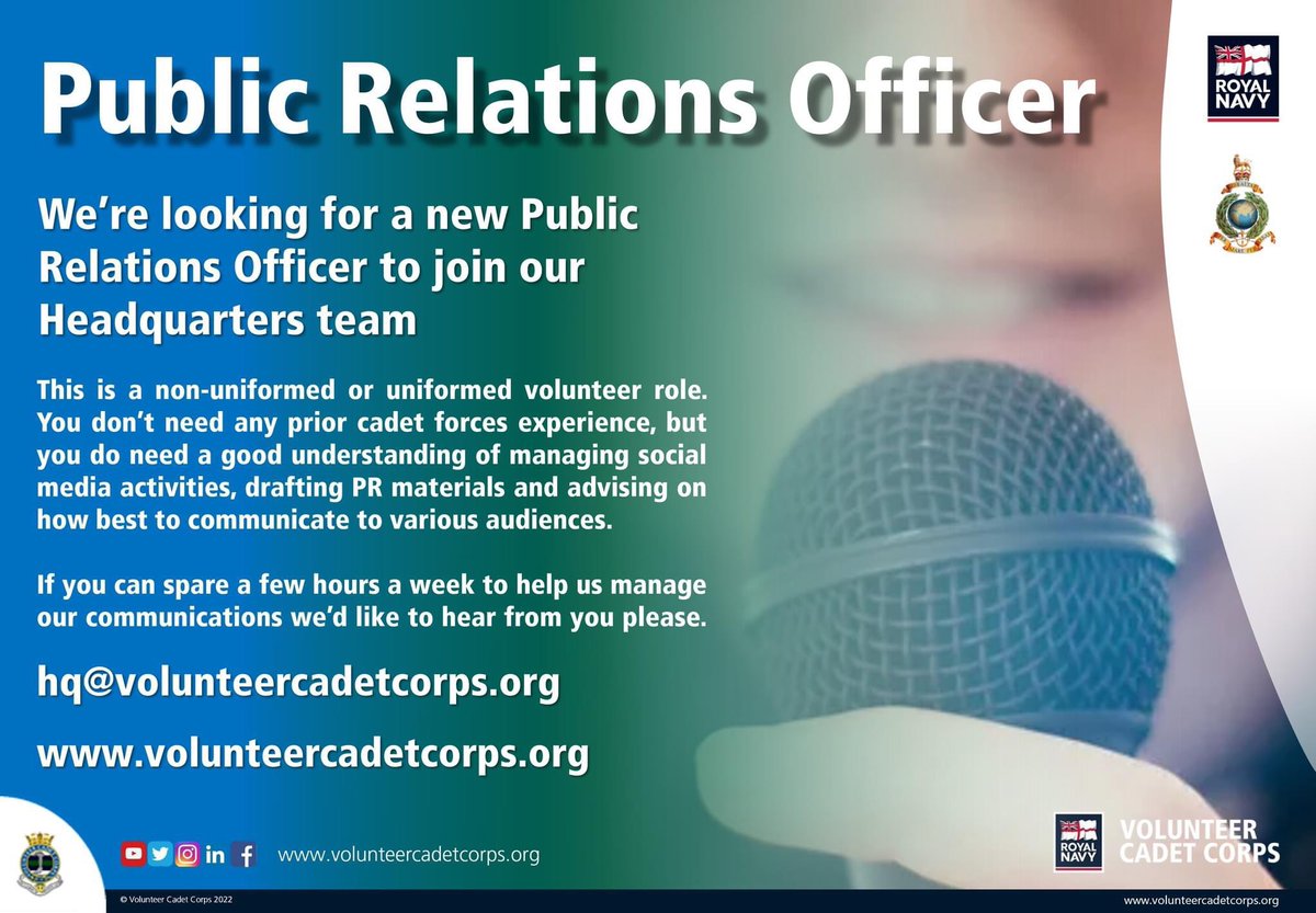 Chris Spratt (@directorips) on Twitter photo The <a href="/VCCcadets/">Volunteer Cadet Corps</a> is the only UK cadet force that is entirely volunteer run. We need a new PR Officer to help raise our profile and attract new volunteers (and cadets).
If you’d like to join our volunteer HQ team and steer our external comms & recruiting activities get in touch! The <a href="/VCCcadets/">Volunteer Cadet Corps</a> is the only UK cadet force that is entirely volunteer run. We need a new PR Officer to help raise our profile and attract new volunteers (and cadets).
If you’d like to join our volunteer HQ team and steer our external comms & recruiting activities get in touch!