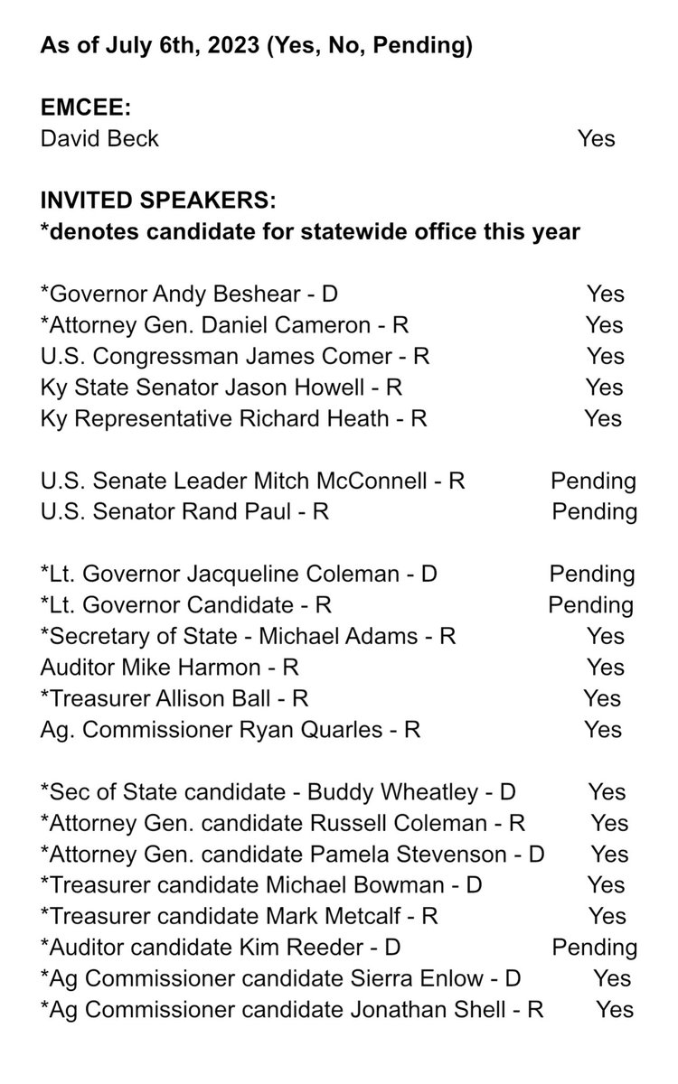MarioAndersonTV's tweet photo. #NEW | Here’s the UPDATED guest list for #FancyFarm as of Thursday, July 06, 2023.

#kygov candidates Andy Beshear (D) &amp; Daniel Cameron (R) are both CONFIRMED to attend and will give speeches from the stage. 

KY SOS candidate Buddy Wheatley (D) is also a YES to attend.
#FF143 https://t.co/EcU2pwcrAA